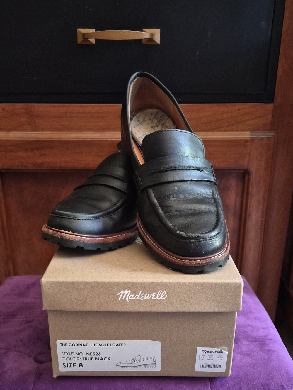 Madewell Corinne Black Leather Lug Sole Penny Loafers Sz 8